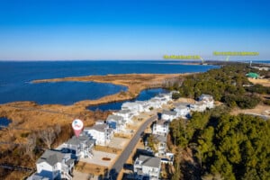 Aerial of the sound and neighborhood at Salt & Lighthouse, a Corolla, NC vacation rental