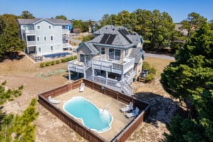 Aerial of the house with private pool at Harbor View, a Corolla, NC vacation rental