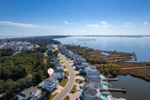 Aerial of the peninsula neighborhood at Spectacular Sunset Beach House, a Corolla, NC vacation rental