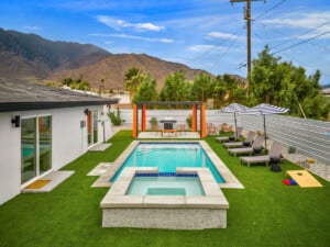 Backyard pool, spa and pergola with mountain views at Sip Sip Away, a Palm Springs, CA vacation rental