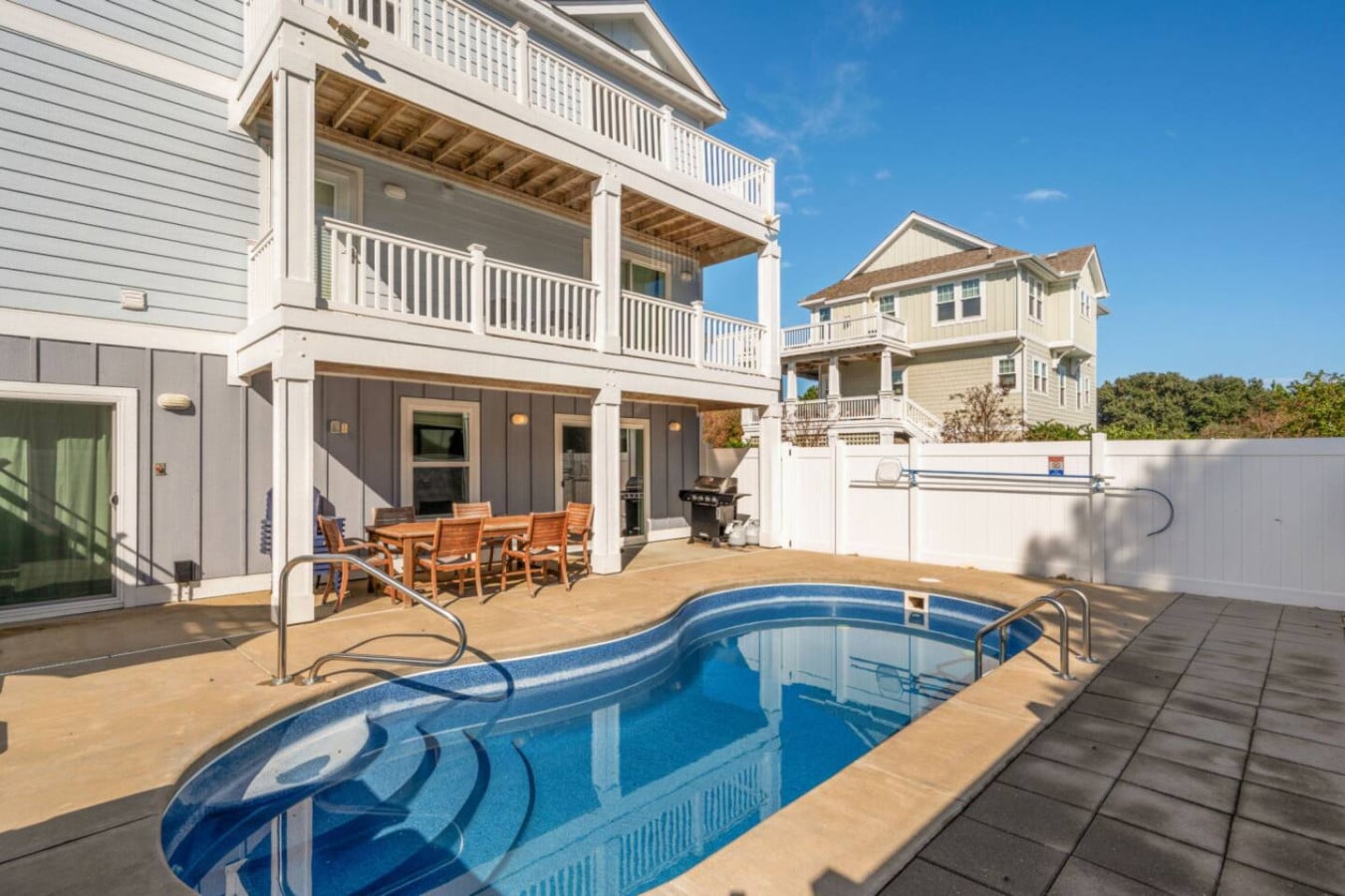 Private pool and decks at Spectacular Sunset Beach House, Corolla NC