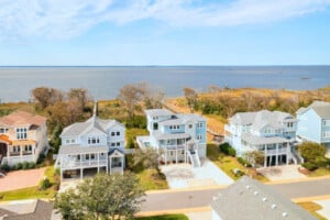 Aerial of the house and the sound at Baydream Believer, a Corolla, NC vacation rental