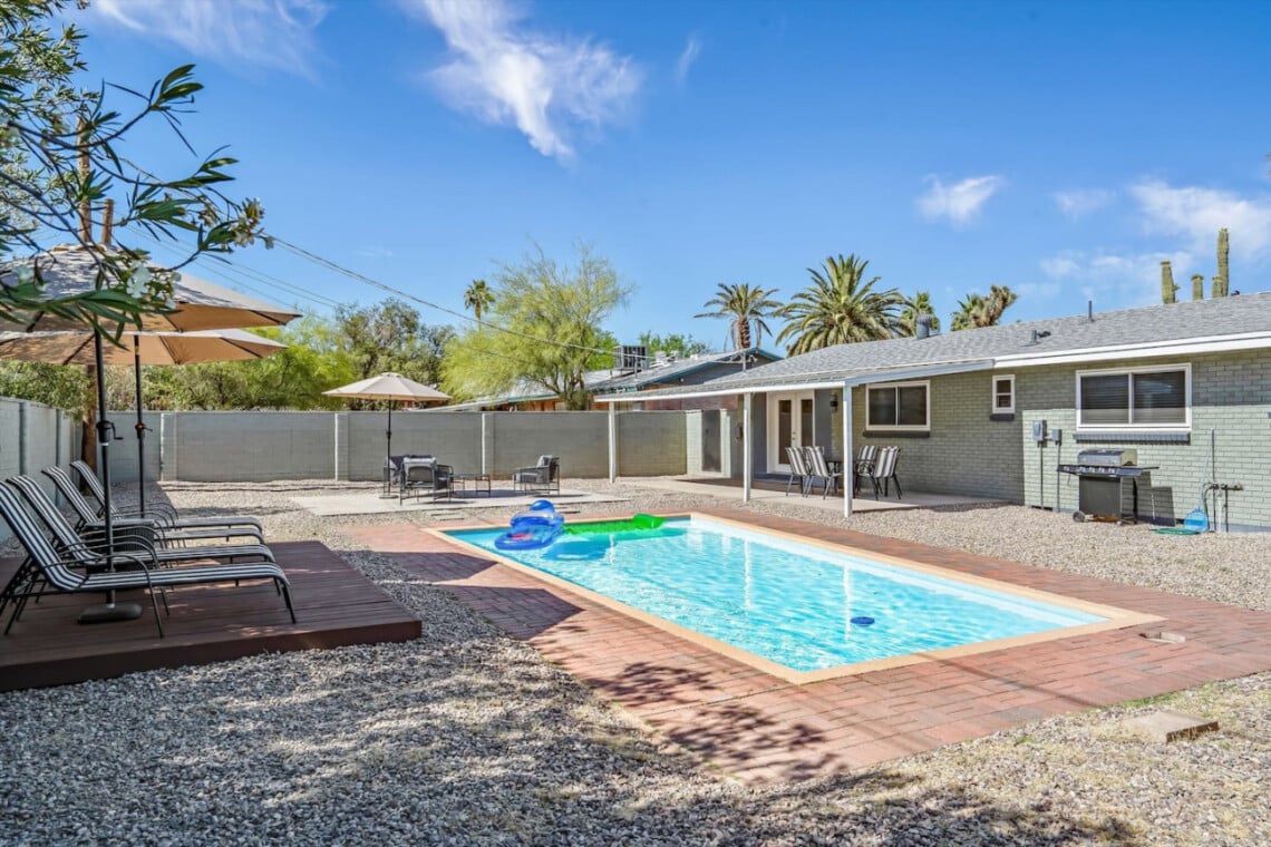 Backyard pool with loungers and palm trees at Tucson Oasis, a Tucson, AZ vacation rental