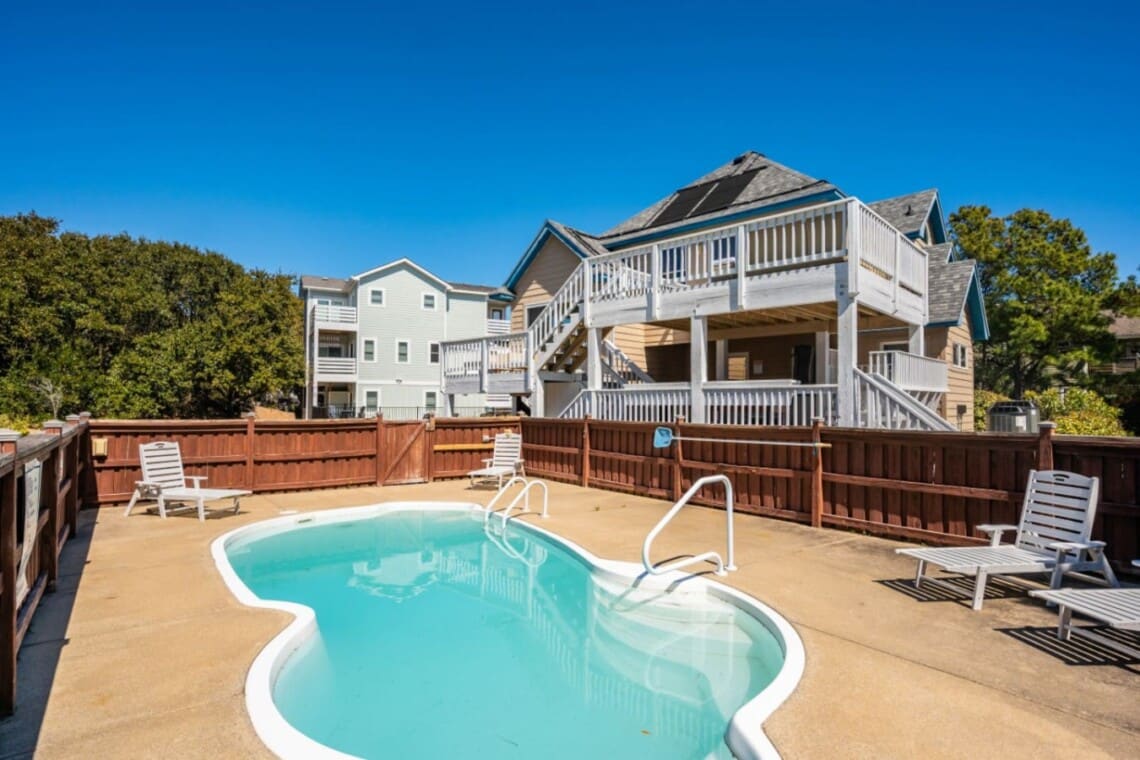 Private pool with the house behind at Harbor View, a Corolla, NC vacation rental