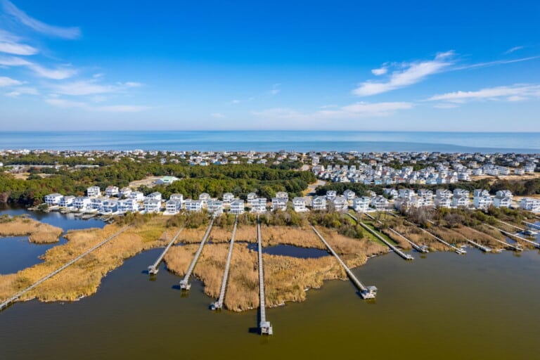 Aerial of soundfront homes and docks at Cruz Bay in Corolla