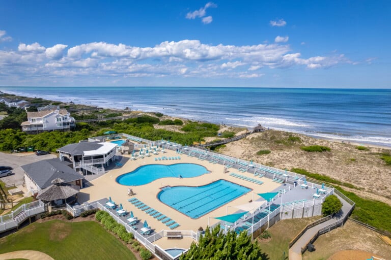 Aerial of the Corolla Light oceanfront pool and beach