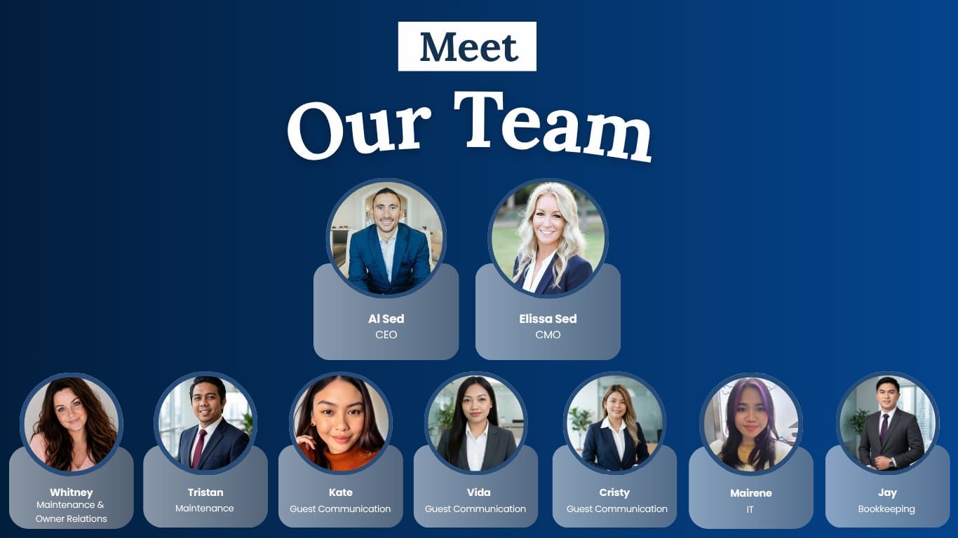 Meet the Rather Be Properties team: Al Sed (CEO), Elissa Sed (CMO), Whitney, Tristan, Mairene, Vida, Cristy, Kate and Jay
