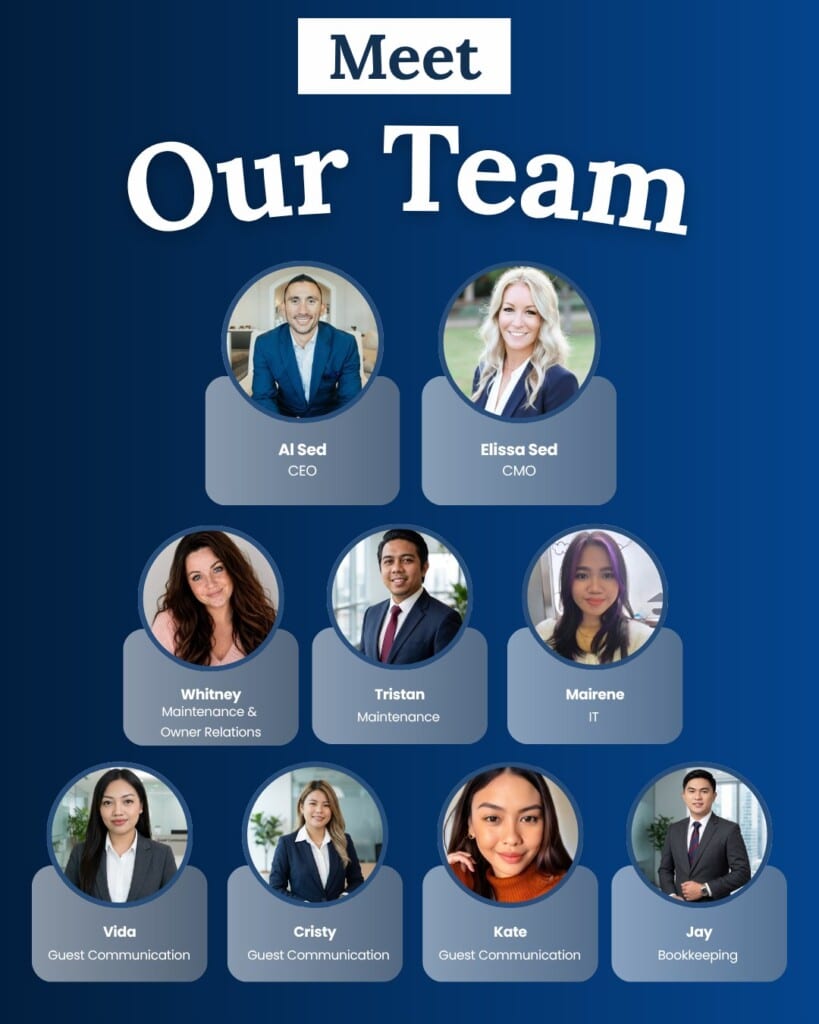 Meet the Rather Be Properties team: Al Sed (CEO), Elissa Sed (CMO), Whitney, Tristan, Mairene, Vida, Cristy, Kate and Jay